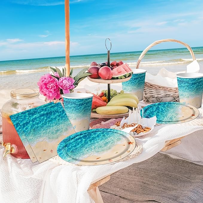 Beach Party Supplies, 144Pcs Ocean Waves Birthday Party Supplies Tableware Set Summer Pool party Decorations Ocean Plates and Napkins and Cups for Hawaiian Birthday Decorations
