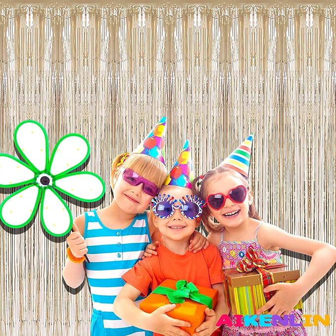 4 Pack 3.3Ft x 6.6Ft Champagne Gold Foil Fringe Curtain Backdrop, Metallic Tinsel Foil Fringe Streamers Curtains Background for Photo Booth, Birthday, Wedding, Valentine's Day Party Decoration