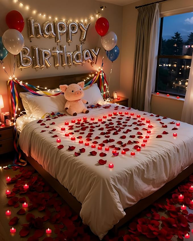 Amagic 4000 Pieces Red Artificial Rose Petals with 50 Red Heart LED Tea Lights, Rose Petals and Candles Set for Proposal, Anniversary, Romantic Night, Wedding Decor