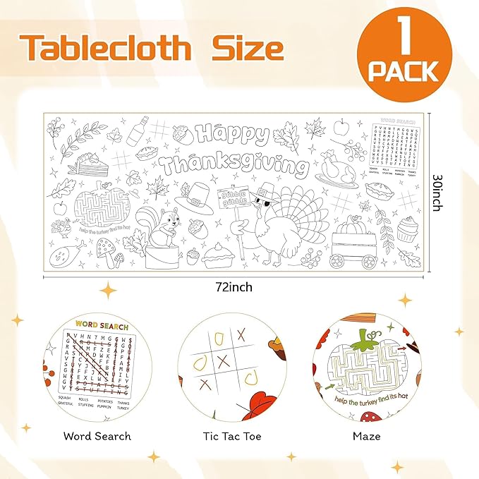 Childom 1 Pack Thanksgiving Coloring Tablecloth for Kids,Thanksgiving Crafts for Kids,30 x 72 Inch Disposable Paper Table Cover,Giant Coloring Poster for Children Gifts Games Activities Holiday Party