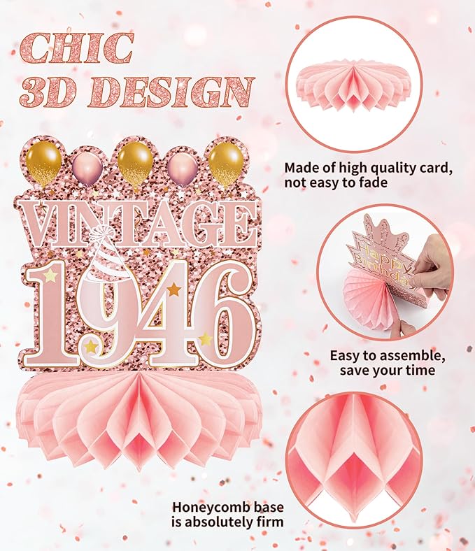9 Pcs 80th Birthday Decoration for Women Happy 80th Birthday Table Honeycomb Decorations Rose Gold Pink Centerpieces Tables Toppers1946 Decor Cheers to 80 Years Old Birthday Party Favors