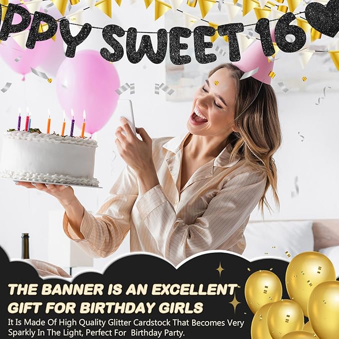 Fulmoon Pre Strung Happy Sweet 16 Banner Glitter Sixteenth Birthday Party Decorations 16th Party Sign Sweet 16 Party Decorations for Birthday Party Bachelorette Party(Black)