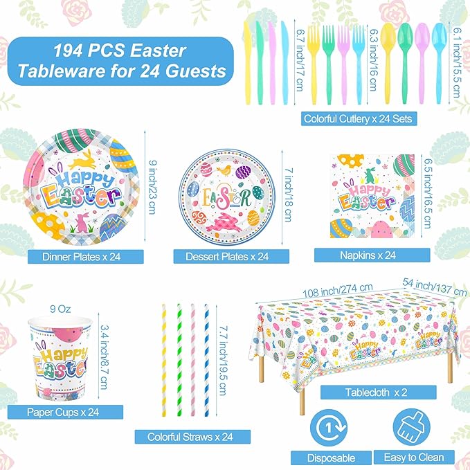Kochorie 194 Pieces Happy Easter Tableware Set Colorful Easter Bunny Egg Dinnerware Includes Paper Plates Cups Napkins Straws Plastic Cutlery Tablecloths for Spring Birthday Party Supplies, Serves 24