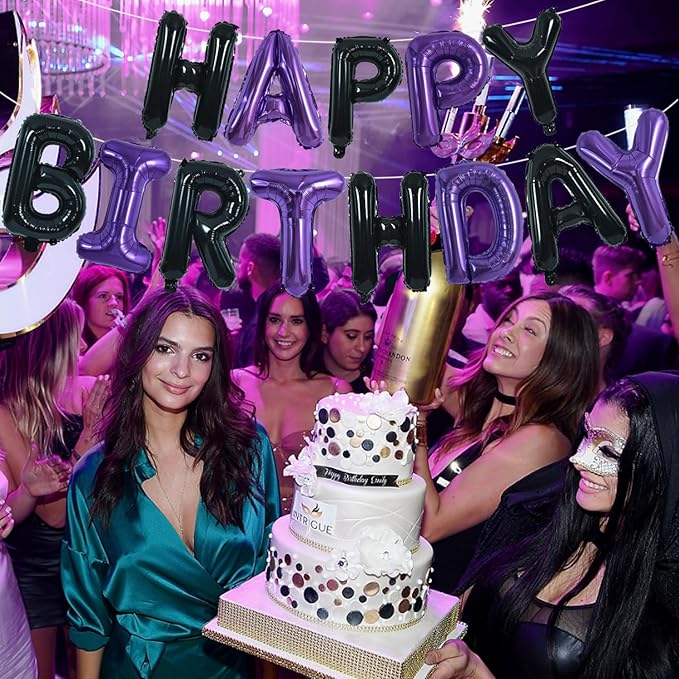 TONIFUL Happy Birthday Balloons Banner 16 Inch Mylar Foil Letters Birthday Sign Banner Bunting Reusable for Girls Boys Kids & Adults Birthday Decorations and Halloween Party Supplies（Black Purple）