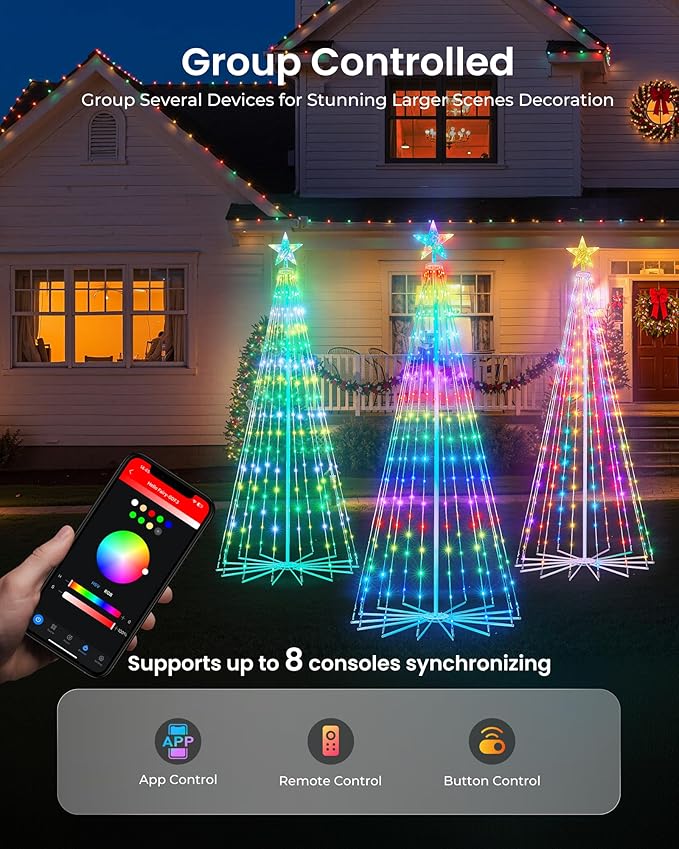 Smart Christmas Cone Tree LED Light, 6ft 265 LEDs Music Sync with Remote APP and Local Control, Pattern and Text Displayable, 16 Million Colors LED Light Show Tree for Indoor Outdoor Decorations