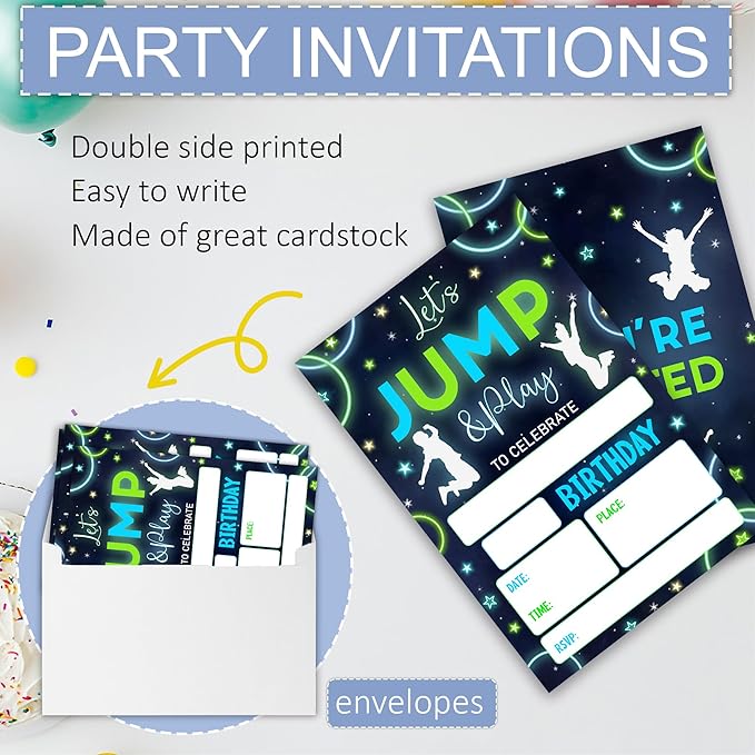 Trampoline Park Birthday Invitations, Glow Trampoline Party Neutral Invites, Neon Bounce House Party Invitation Cards for Boys & Girls, 4 x 6 20 Count with Envelopes