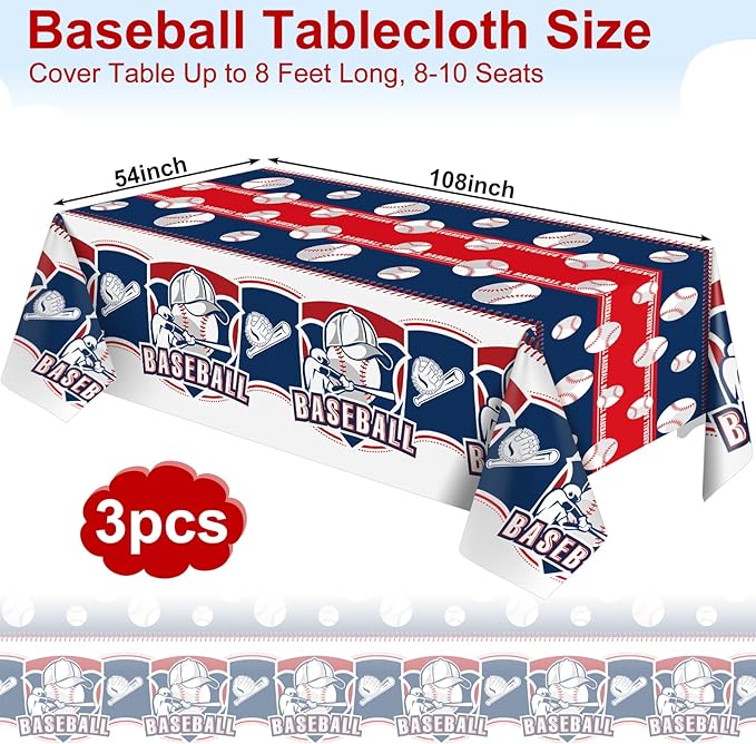 3 Pack Plastic Baseball Tablecloth, 54 x 108 Inch Disposable PE Baseball Party Tablecloth Waterproof Rectangle Baseball Theme Party Table Cover for Baseball Party Decorations