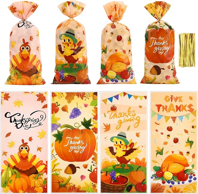 100 PCS Fall Treat Bags(5x11 Inch) with Ties Thankgiving Turkey Goodie Candy Gifts Bags Bulk Autumn Pouches for Thanksgiving Home Party Favors Supplies Decorations Friendsgiving Cellophane Bag