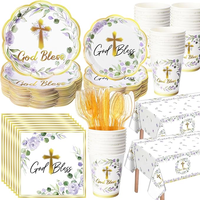 Pickmesh 194 Pcs God Bless Baptism Party Decoration Girl for 24, Purple Flroal Baptism Paper Plate Napkin Cup Tablecloth Cutlery First Holy Communion Tableware for Christening Baby Shower Supplies
