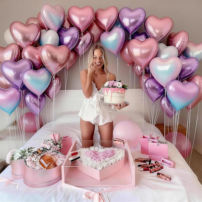Pink Purple Iridescent Heart Balloons, 12 Pcs Light Pastel Pink Lavender and Transparent Crystal Heart Shape Foil Balloon for Princess Birthday Baby Shower Bachelorette Easter Mother’s Day Music Party