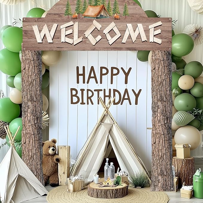 Peryiter 3 Pcs Camping Themed Party Decorations Banner Welcome Porch Sign with 1 Double Sided Tape for Summer Camp Birthday Hawaii Baby Shower Themed Party Activity Decor door (Forest Style)