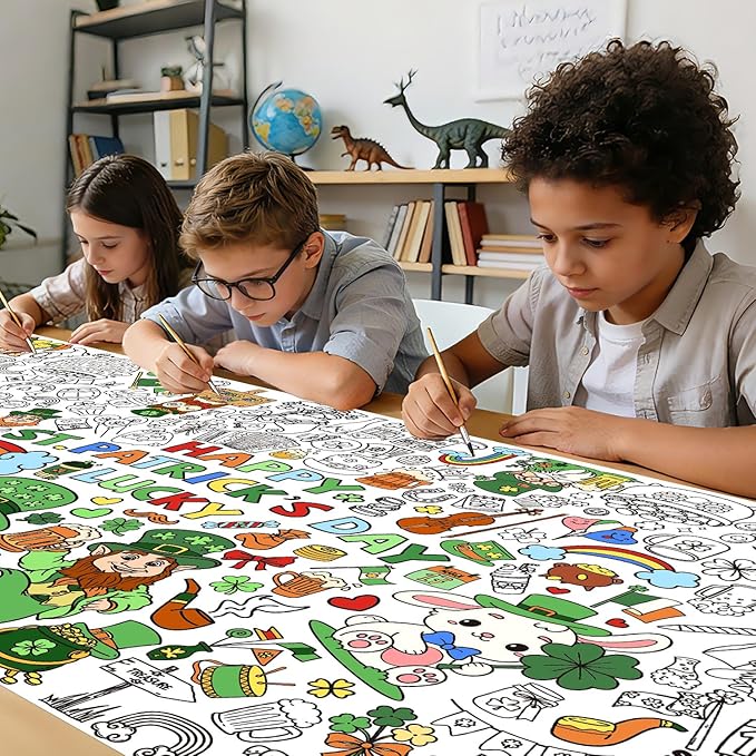 St. Patrick's Day Coloring Poster, 32 x 71 Inch Versatile Paper Coloring Tablecloth, St Pattys Day Crafts, Party Decorations