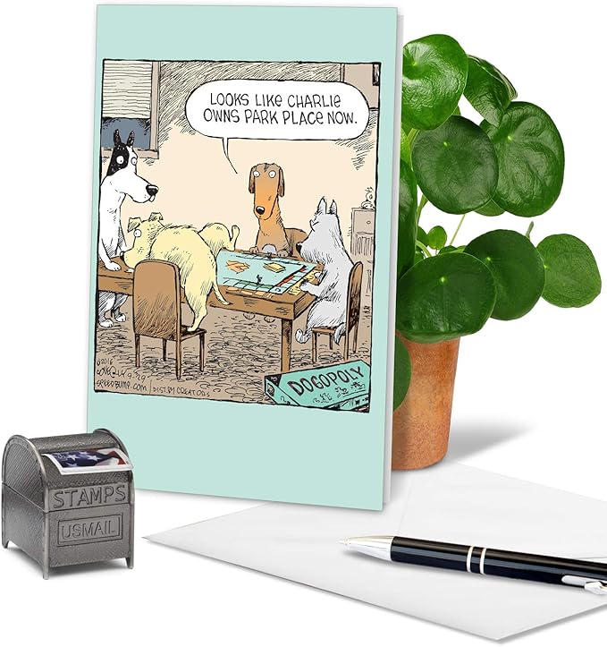 NobleWorks - 1 Humor Birthday Dog Card with Envelope - Funny Puppies Cartoons for Birthday Greetings, Celebration Notecard - Dogopoly C3986BDG