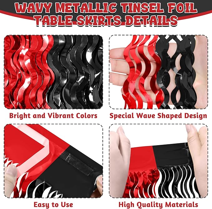 2 Pack Desk Skirt, Black Red Desk Grass Skirt for Table, Halloween Metallic Wavy Tinsel Foil Fringe Table Skirts, Foil Table Skirt for Halloween Graduations Birthday Indoor Party Decorations