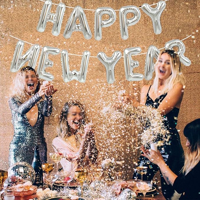 TONIFUL Silver Happy New Year Balloons 16 Inches Mylar Foil Letter Sign Banner balloon For 2025 New Years Eve Party Anniversary Decor Home Party Decorations