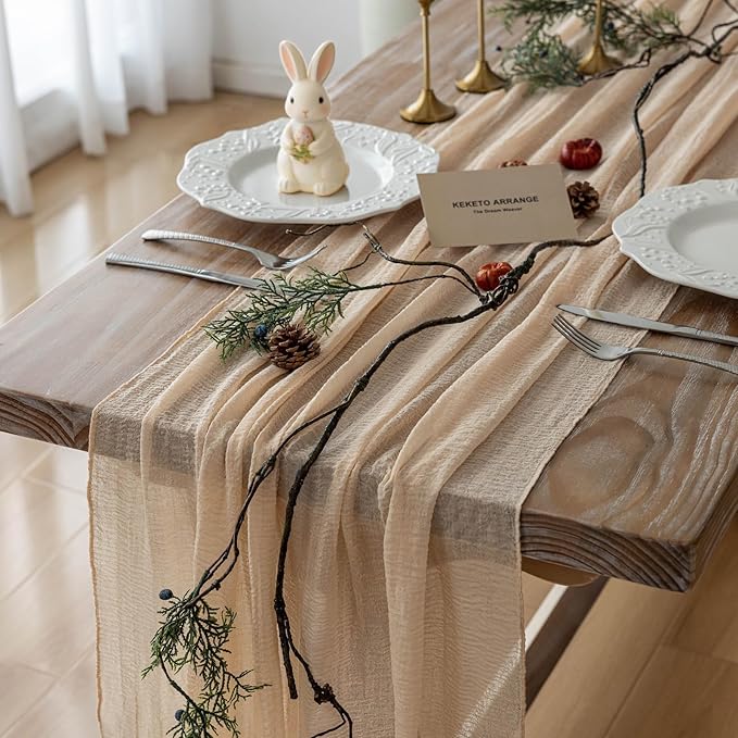 Keketoarrange Deep Beige Cheesecloth Table Runner Rustic Boho Butter Gauze 120 Inch 10 FT Cheese Cloth for Wedding Baby Bridal Shower Birthday Engagement Party Long Sheer Spring Home Decorations
