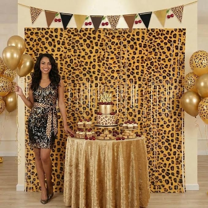 4 Pack Cheetah Print Foil Backdrop, Cheetah Print Birthday Decorations, Leopard Jungle Safari Bachelorette Backdrop 3.3×6.6ft Thickened Fringe Curtains for Photo Booth & Party Entrance