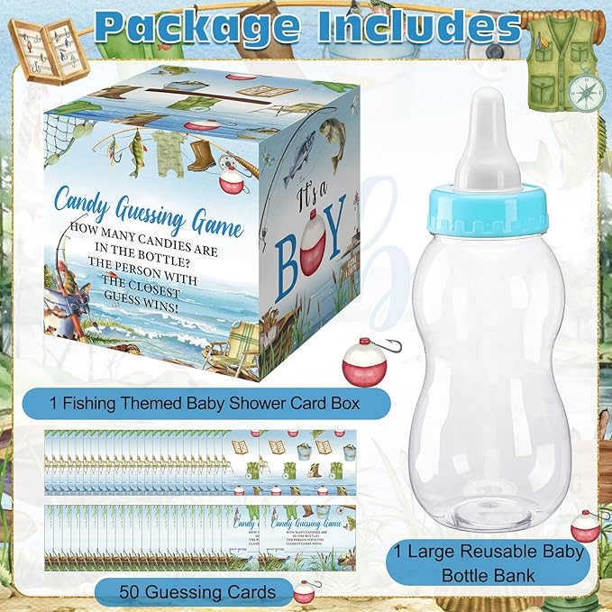 Glenmal 52 Pcs Little Fishman Baby Shower Games Gift Sets Large Baby Bottle for Shower Game Guess How Many Candies Decorations for Gender Reveal