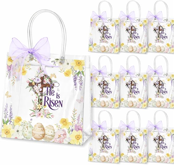 Henoyso 24 Pcs Easter He Is Risen Clear Gift Bags Christian Religious Plastic Goodie Treat Candy Bags with Handles Reusable PVC Party Favor Tote for Birthday Party Gift Wrapping, 7.8 x 7.8 x 3.1 Inch