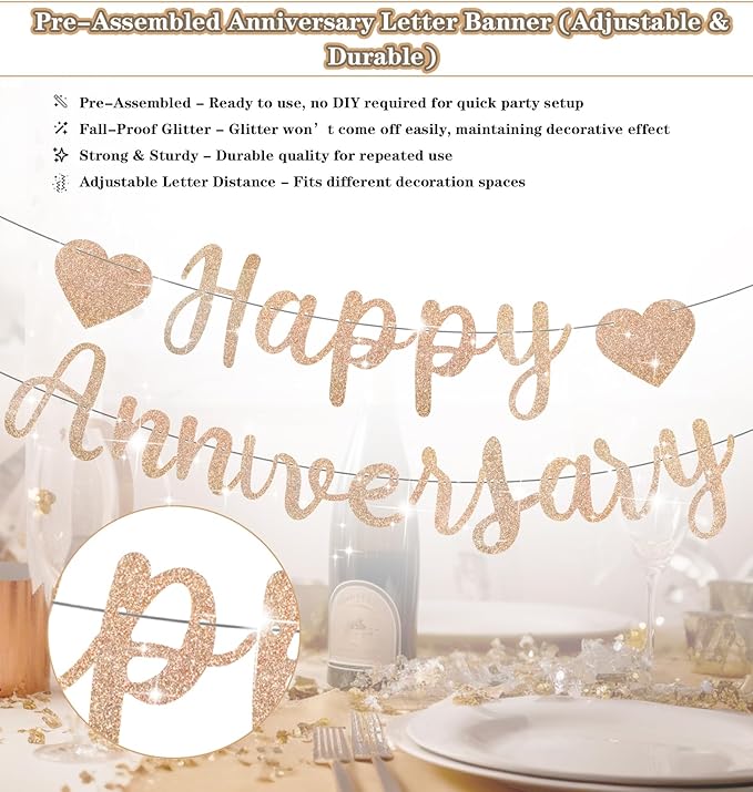 Happy Anniversary Banner, Champagne Gold Happy Anniversary Sign, Pre-Assembled for Wedding Party Celebration Decor (Champagne Gold0