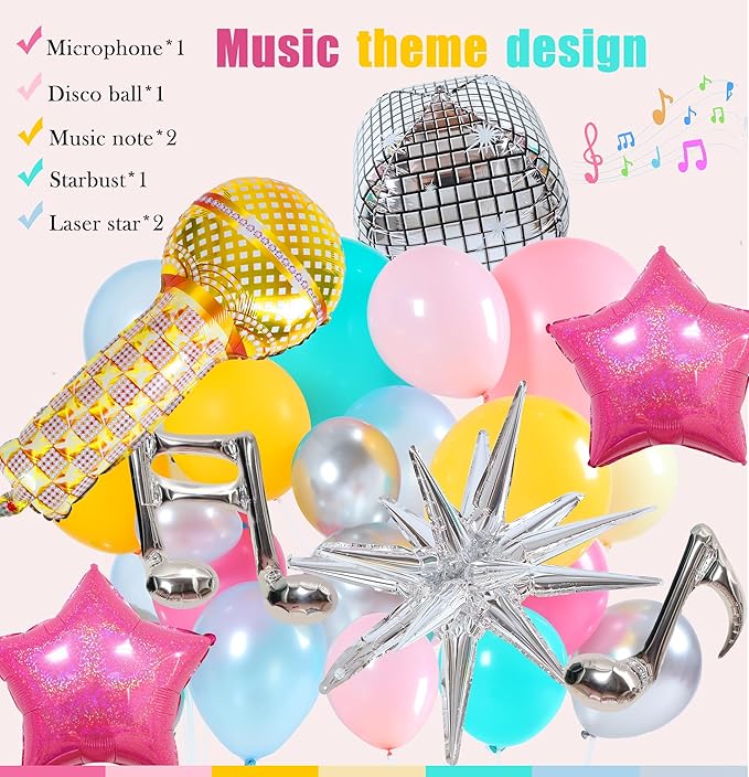 Music Fans Birthday Decoration,148 Pcs Balloon Arch Garland Kit with Microphone, Laser Star, Disco Mylar Balloon for music fans theme teenage girl Birthday Party Prom Decorations