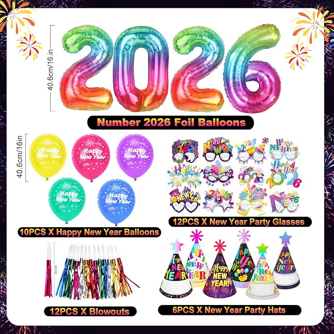 HOWAF 41pcs New Years Eve Party Supplies 2026 Colorful Happy New Year Hats News Years Eve Hats 2026 Glasses Party Blowouts Balloons NYE Party Favors Accessories Kit for Happy New Year Decorations