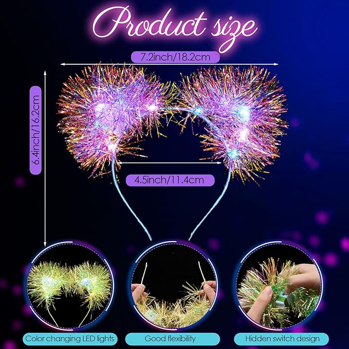 Juexica 16 Pcs Light up Cat Ears Headband with Color Change LED Cat Headband Rave Hair Accessories for New Year Party(Fresh Color)
