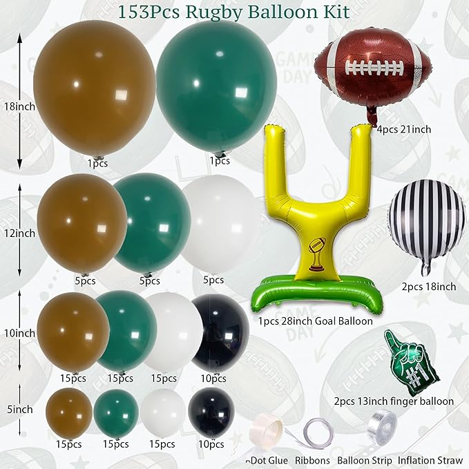 140PCS Football Party Balloon Arch Kit – Game Day Decorations with Football Foil Balloons, Referee Stripe Balloons, #1 Hand Balloons & Field Goal Post, Green Brown Black Balloon Garland