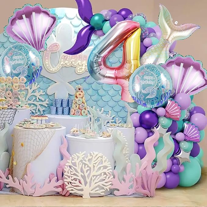 Mermaid Birthday Decorations Mermaid Balloons - Number 4 Balloons for Girls Under The Sea Mermaid Theme Baby Shower Birthday Favors