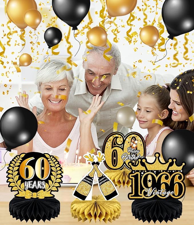 9 Pcs 60th Birthday Decoration for Men Women 60th Birthday Centerpieces for Tables Cheers to 60 Years Birthday Honeycomb Decor Birthday Table Topper Black and Gold 60th Birthday Party Favors