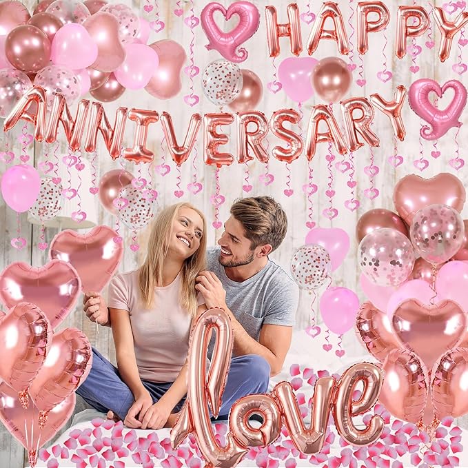 Happy Anniversary Decorations with Rose Gold Happy Anniversary Banner, Heart Balloons, Love Balloon, Silk Rose Petals and Heart Hanging Decor for Valentines Day, Wedding, Bridal Shower Decorations