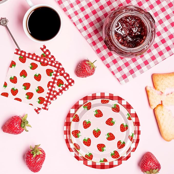 175Pcs Strawberry Gingham Party Supplies Kit Red Pink Plaid Tableware Set Disposable Dinnerware Paper Napkin Plate Cup Spoon Fork Knife for 25 Guest Party Favor