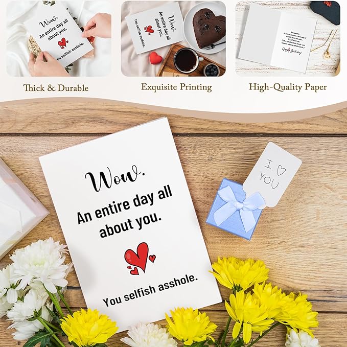 Qiliji Funny Birthday Card for Him Her, Snarky Birthday Card for Boyfriend Girlfriend Husband Wife, Sarcastic Bday Cards for Men Women, You Selfish Asshole