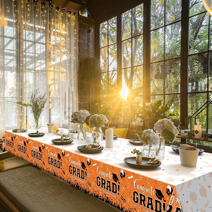 6 Pack Graduation Tablecloth Party Decorations, Class of 2026 Congrats Grad Plastic Tablecover Party Supplies, Orange Rectangle Graduation Table Decorations for College High School Party, 54 x 108Inch