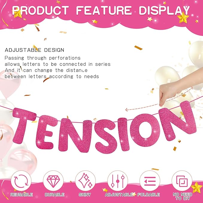 Retirement Banner Pre-Strung GOODBYE TENSION HELLO PENSION Banner Glitter Retirement Party Supplies Decorations for Women Men Office Home Decor (Hot pink)