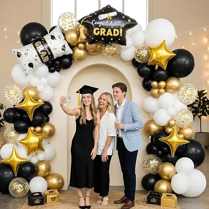Black Gold Balloons Arch Kit, Black White Gold Balloon Arch with Grad Cap Star Graduation Certificate Foil Balloon, Golden Confetti Balloons for 2026 Graduation Decoration Birthday Anniversary Party
