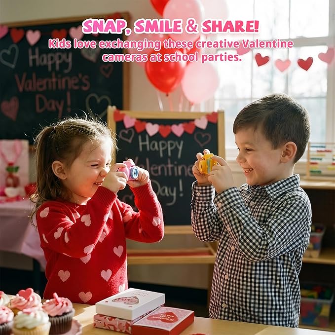 Valentines Day Cards for Kids School – 28 Pack Kids Viewfinder Toy Cameras with Greeting Cards, Classroom Exchange Valentine Gifts for Boys and Girls, Cards + Toys Bulk Set for School Valentine Party