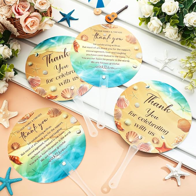 100 Pcs Wedding Hand Fans for Guests Bulk Decorative Plastic Handheld Wedding Favor Fans with Handle Thank You for Celebrating with Us for Ceremony Bridal Shower Party Decor(Beach)