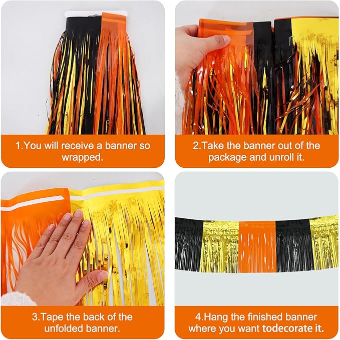 BEISHIDA 3 Packs Metallic Foil Fringe Garland Gold Orange Black Wall Hanging Tinsel Fringe Banners for Car Floats Bridal Shower Wedding Birthday Graduation Holiday Party Decoration(30 Feet)