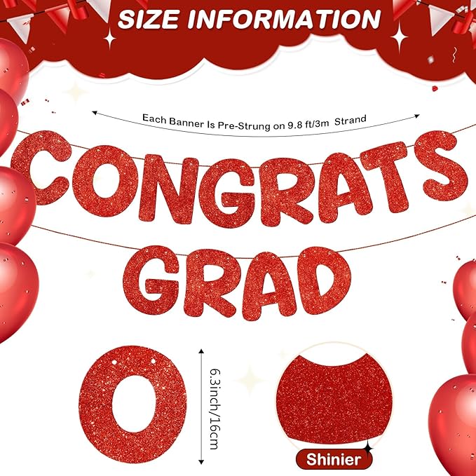Fulmoon Pre Strung Congrats Grad Banner Glitter Congratulations Banner College Graduation Sign Class of 2026 Grad Party Decorations for High School University Graduation Party Favor(Red)