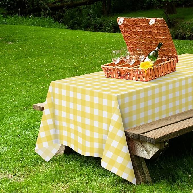 QIKSION Yellow Gingham Tablecloth Disposable 12 Pack, 54 x 108 Inch Yellow and White Checkered Table Cloth for Easter Decorations, Birthday Party Supplies, Rectangle, Plastic Table Cover
