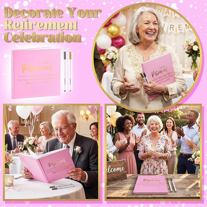 2026 Retirement Guest Book with 2 Markers 8.7'' Square Hardcover Blank Guest Photo Signing Memory Book Happy Retirement Gift Party Supplies for Women Men Teacher Grad Decor (Pink,Fresh)