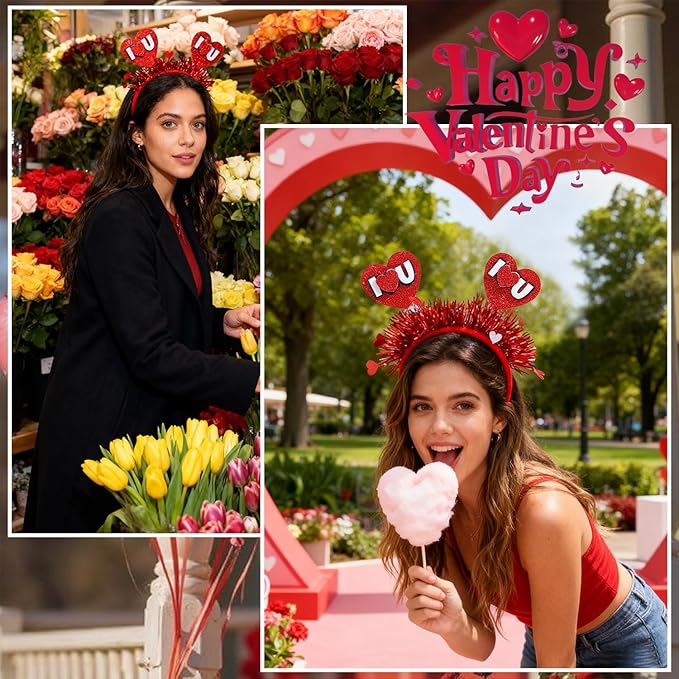 Valentines Headband with 3d Heart Designs Shiny Red Tassel Head Bopper Red Heart Headbands Sign Love Letters Headband for Valentines Lover Party Hair Accessory Supplies 1pcs