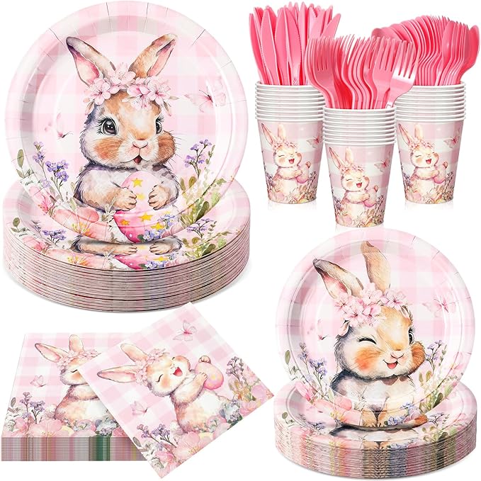 Honeydak 210 Pcs Pink Bunny Party Supplies for 30 Guests, Includes Spring Rabbit Plates, Cups, Napkins, Cutlery - Cute Pink Bunny Tableware Decoration for Baby Shower Easter Party
