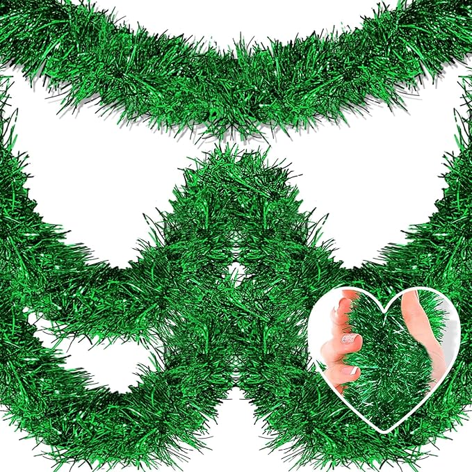 50 Feet Christmas Tinsel Garland, Metallic Twist Garland Wall Hanging Tinsel Garland Backdrop for Parade Floats, Carnival, Birthday, Wedding, New Year Party Decorations (Green, 2in x 50ft)
