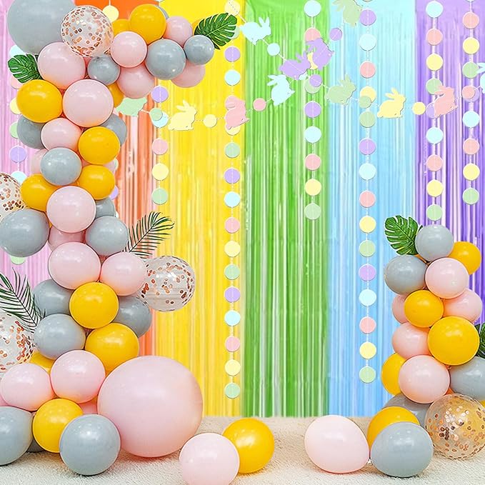 Easter Decorations Foil Fringe Curtains Photo Booth Prop Hanging Garland Easter Bunny Banner Rabbit Garland Rainbow Foil Fringe Curtains for Birthday Wedding Engagement Bridal Shower
