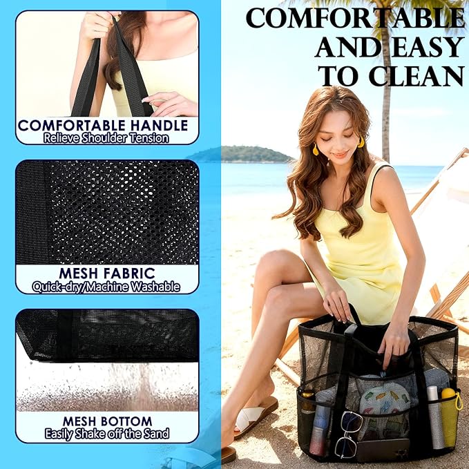 Fammart Mesh Beach Bag, Large Beach Tote with Zipper Pocket, Toys Pool Bag for Family Travel Vacation Cruise Essentials