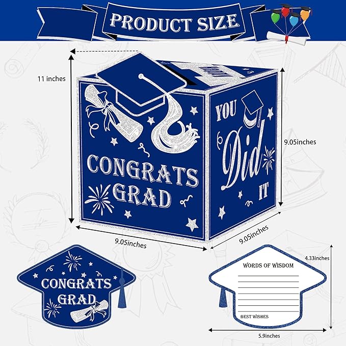 AYGXU graduation card box Holder 2026 with 30pcs graduation cards,Graduation party Decorations,graduation box for gifts and Cards,graduation money box,Graduation Party favors Supplies-Royal Blue box
