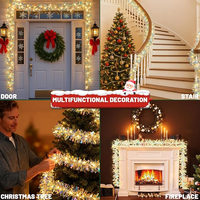LAWOHO 6.5FT/2M Christmas Tinsel Garland with 40 LED Lights, Shiny Iridescent Foil Decorations for Christmas Tree, Wedding Birthday Party Supplies, New Year Holiday Parties, Indoor Hanging Home Decor