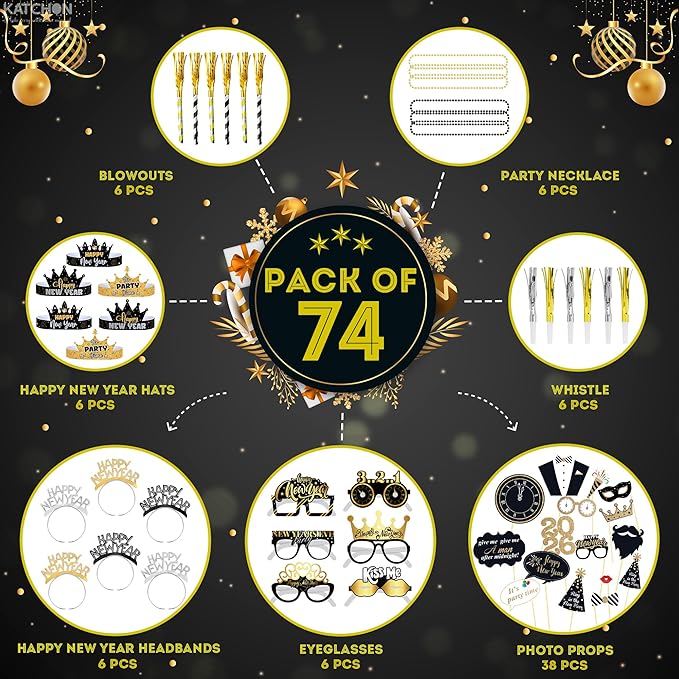 KatchOn, New Years Eve Party Favors - Pack of 74 | Happy New Year Glasses, Photo Props, Hats and Noise Makers | New Years Headband 2026, New Year's Eve Party Supplies for Happy New Year Decorations